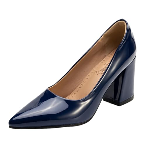 XINXINIO Pumps mit Spitzer Zehen und Blockabsatz | 8 cm Absatz Aus Glänzendem Synthetisches Lackleder | rutschfeste Gummisohle | Viel Farben Für Beruf & Freizeit (Dunkelblau, 46 EU) von XINXINIO