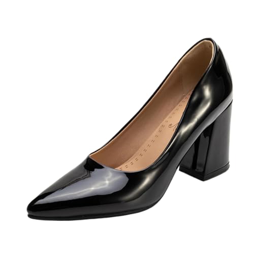 XINXINIO Pumps mit Spitzer Zehen und Blockabsatz | 8 cm Absatz Aus Glänzendem Synthetisches Lackleder | rutschfeste Gummisohle | Viel Farben Für Beruf & Freizeit (Schwarz, 49 EU) von XINXINIO