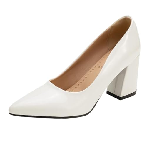 XINXINIO Pumps mit Spitzer Zehen und Blockabsatz | 8 cm Absatz Aus Glänzendem Synthetisches Lackleder | rutschfeste Gummisohle | Viel Farben Für Beruf & Freizeit (Weiß, 39 EU) von XINXINIO