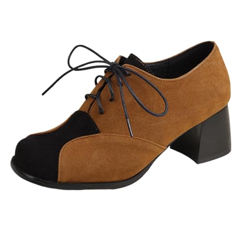 XINXINIO Quadratische Damen Schuhe mit Bindeband | 5,5cm Blockabsatz, rutschfeste Gummisohle, Vintage Stil, Für Büro & Alltag (Braun, 41 EU) von XINXINIO
