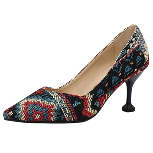 XINXINIO Retro-Zeitloses Spitzen High Heels – Damen Kleider Schuhe mit Blumenstoff Obermaterial (Blumen Schwarz, 38 EU) von XINXINIO
