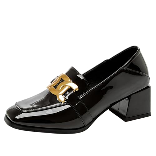 XINXINIO Schuhe mit quadratischer Zehe und Blockabsatz | 5 cm Mittlerer Absatz Aus Lackleder | Metall-Dekor und rutschfeste Sohle | Ideal für Beruf und Alltag (Schwarz, 52 EU) von XINXINIO