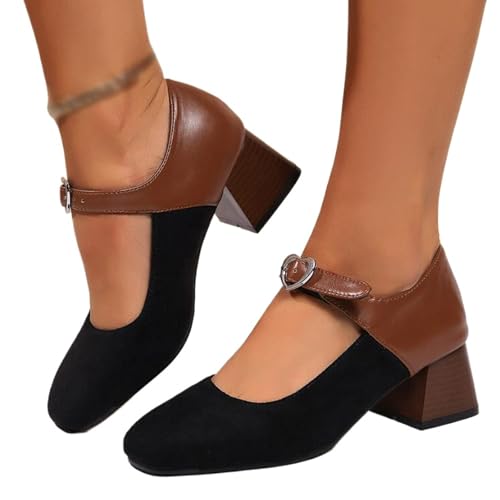 XINXINIO Spangenschuhe mit quadratischer Zehe | 5 cm Blockabsatz mit dekorativer Schleife | rutschfeste Gummisohle | Vielseitig im Alltag tragbar (Schwarz, 38 EU) von XINXINIO