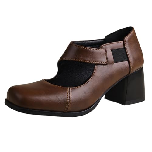 XINXINIO Spangenschuhe mit quadratischer Zehe | 6 cm Blockabsatz und Elastikband | rutschfeste Gummisohle | Retro-Design für den Alltag (Braun, 44 EU) von XINXINIO