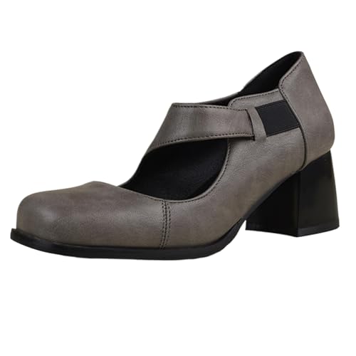 XINXINIO Spangenschuhe mit quadratischer Zehe | 6 cm Blockabsatz und Elastikband | rutschfeste Gummisohle | Retro-Design für den Alltag (Grau, 43 EU) von XINXINIO