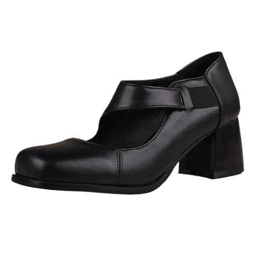 XINXINIO Spangenschuhe mit quadratischer Zehe | 6 cm Blockabsatz und Elastikband | rutschfeste Gummisohle | Retro-Design für den Alltag (Schwarz, 38 EU) von XINXINIO