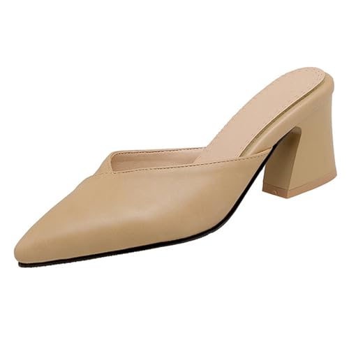 XINXINIO Spitze Zehen Blockabsatz Schlupfschuhe | 6,5 cm Komfortabler Mittlerer Absatz | Rutschfeste Gummisohle | Atmungsaktives Futter für Büro & Alltag (Beige, 37 EU) von XINXINIO