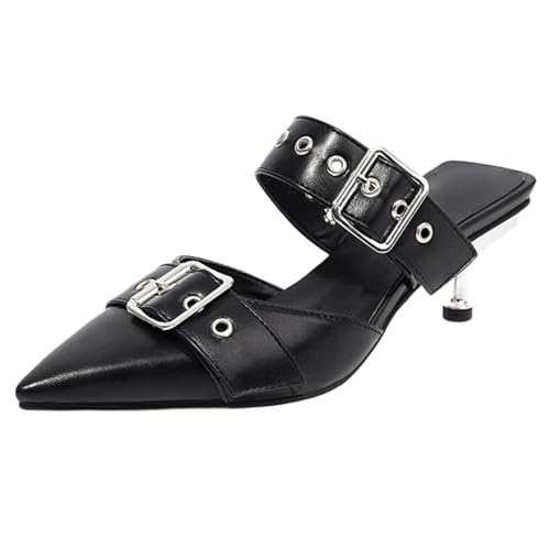 XINXINIO Spitziger Zehen Stiletto Schlupf-Schuhe | 6,5 cm Mittlerer Absatz & Rutschfeste Sohle | Retro Punk-Applikationen mit Nieten | Ideal für Büro und Freizeit (Schwarz, 43 EU) von XINXINIO