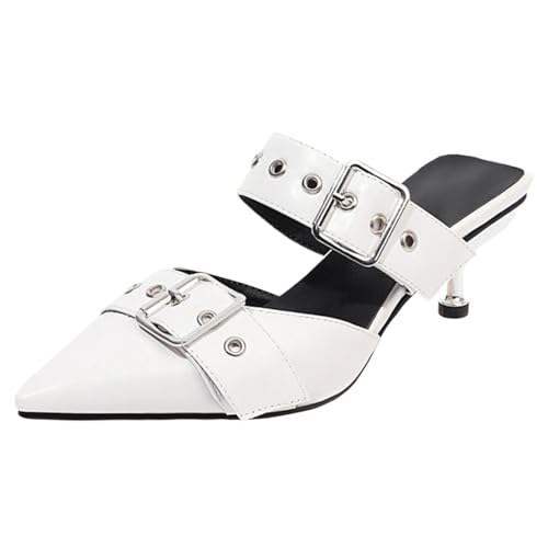 XINXINIO Spitziger Zehen Stiletto Schlupf-Schuhe | 6,5 cm Mittlerer Absatz & Rutschfeste Sohle | Retro Punk-Applikationen mit Nieten | Ideal für Büro und Freizeit (Weiß, 45 EU) von XINXINIO