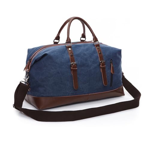 XINYASEE Herren- und Damen-Reisetasche mit Mehreren Fächern aus Segeltuch und Leder, große Vintage-Unisex-Reisetasche für Wochenende und Sport (Blau) von XINYASEE