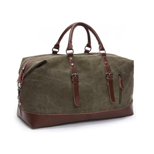 XINYASEE Herren- und Damen-Reisetasche mit Mehreren Fächern aus Segeltuch und Leder, große Vintage-Unisex-Reisetasche für Wochenende und Sport (Grün) von XINYASEE