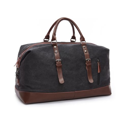 XINYASEE Herren- und Damen-Reisetasche mit Mehreren Fächern aus Segeltuch und Leder, große Vintage-Unisex-Reisetasche für Wochenende und Sport (Schwarz) von XINYASEE