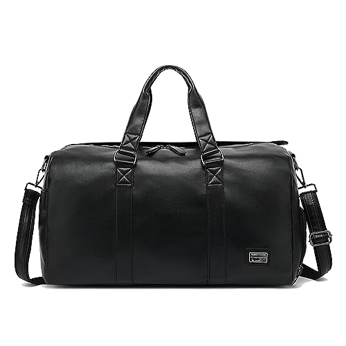 XINYASEE Sporttasche Große Kapazität Reisetasche Wochenende Wasserdichtes PU Leder Vintage Tote Reisetasche Gym Sports Travel Duffel Bag für Frauen und Männer Handgepäck Schwarz von XINYASEE