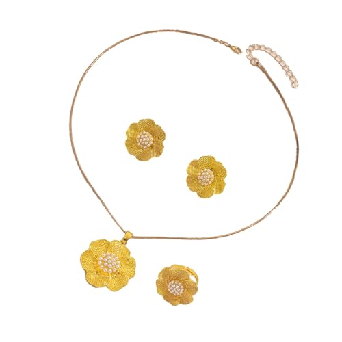 XINYIN Schmuck-Set mit Blumen-Motiv, Legierung, Halskette, Ohrringe, Ringe, passender Charm-Hals, Legierung, Textur für Mode-Liebhaber, elegantes Blumengeschenk von XINYIN