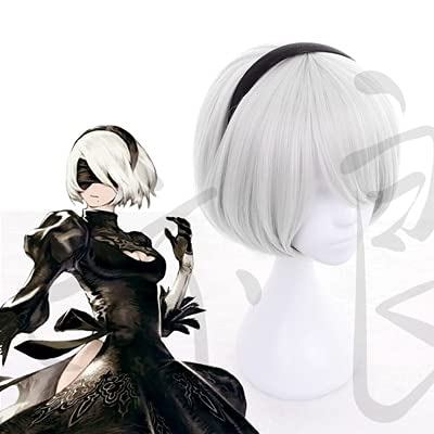 2B Cosplay Perücke Nier: Automaten 2B Yorha Kurze Silbergraue Bobo Synthetische Haarperücke 2B Cosplay Halloween Karneval Perücke + Perückenkappe Andere Perücke Und Haarhut von XINYIYI