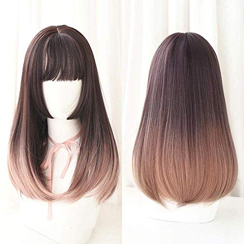 Hairpieces Japanese Lolita Long Straight Lace Front Wigs with Air Bangs 2 ToneColor Mixed Heat Resistant Synthetic Fiber Hair for Cosplay 20 inches WigsHoneyPuddingBrown ChocolateWigs von XINYIYI
