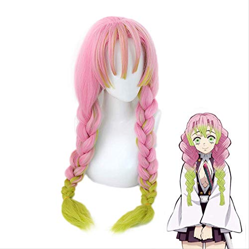 Kanroji Mitsuri Anime Demon Slayer: Kimetsu No Yaiba Women Cosplay Wig Green Pink Colorful Hair Braids Hair + Free Wig Cap von XINYIYI