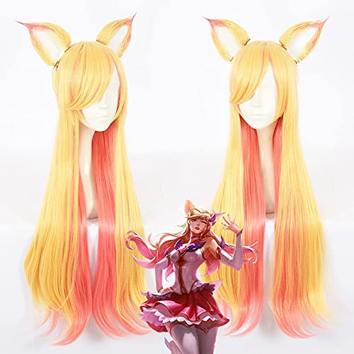Kda K / Da Ahri Cosplay Perücke 75Cm Mit Ohren Kda Hitzebeständiges Kunsthaar Perucas Cosplay Star Guardian Die Neunschwänzige Fuchsperücke von XINYIYI