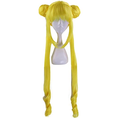 Sailor Moon Cosplay Perücke Doppel Pferdeschwanz Lang Gerade Blond Zitronengelb Synthetische Cosplay Perücke Für Halloween Kostüm Party Gelb von XINYIYI