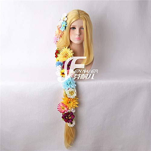 Tangled Cosplay Wig Princess Rapunzel Long Braids Artificial Flowers Headwear Women Blonde Synthetic Hair Adult wig and flowers von XINYIYI