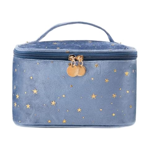 Gold Star Kosmetiktasche für Damen, mit Reißverschluss, Vintage-Samt, Make-up-Tasche, einfarbig, für Damen, Reisen, Make-up, Beauty-Etui (Farbe: Blau, Größe: 13 x 14 x 20,5 cm) von XINYUES