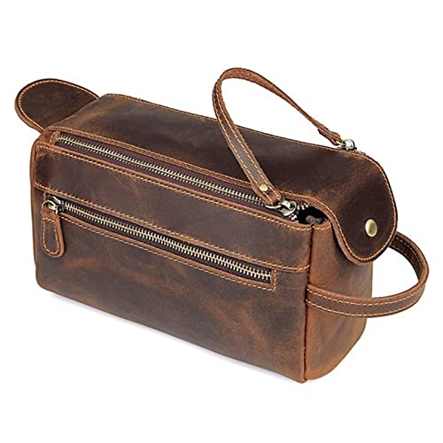 Kulturbeutel aus echtem Leder für Herren, zum Waschen, Rasieren, Dopp-Set, für Damen, Reisen, Make-up, Kosmetiktasche, Organizer Necessaire (Farbe: Braun, Größe: Einheitsgröße) von XINYUES