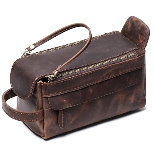 Männer Frauen Leder Kosmetiktaschen Reisefunktion Make-up-Etui Reißverschluss Make-up Organizer Aufbewahrungstasche Toilettenartikel Beauty Kulturbeutel (Farbe: Braun, Größe: Einheitsgröße) von XINYUES