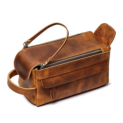 Männer Frauen Leder Kosmetiktaschen Reisefunktion Make-up-Etui Reißverschluss Make-up Organizer Aufbewahrungstasche Toilettenartikel Beauty Kulturbeutel (Farbe: Braun, Größe: Einheitsgröße) von XINYUES