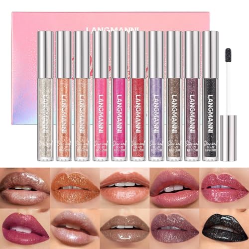 10PCS Lipgloss Set, hochpigmentierte Diamant-Glitzer schimmernde Lipglosse, feuchtigkeitsspendend, lang anhaltend, wasserfest, nicht klebend, Makeup Set für Frauen (B) von XINYUNXIN