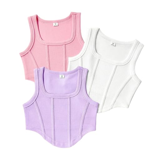 XINYUNZU 3er Pack Crop Tank Top Mädchen Sommer Sport Freizeit Tanktops Mode Ärmellose Shirt Atmungsaktiv Tops Slim Fit Unterhemden für Kinder und Teenager Mehrfarbig 8 Jahre von XINYUNZU