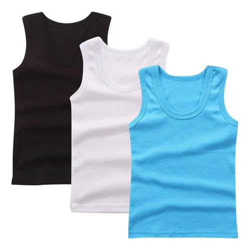 XINYUNZU 3er Pack Tank Top Kinder Baumwolle Unterhemd Rundhals Ärmellose Shirt Casual Tanktop Einfarbig Freizeit Tops Sommer Unterhemden für Jungen und Mädchen Himmelblau 9 Jahre von XINYUNZU