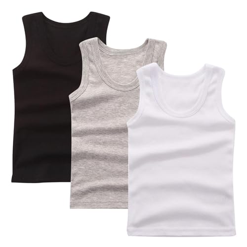 XINYUNZU 3er Pack Tank Top Kinder Baumwolle Unterhemd Rundhals Ärmellose Shirt Casual Tanktop Einfarbig Freizeit Tops Sommer Unterhemden für Jungen und Mädchen Weiß 160 von XINYUNZU