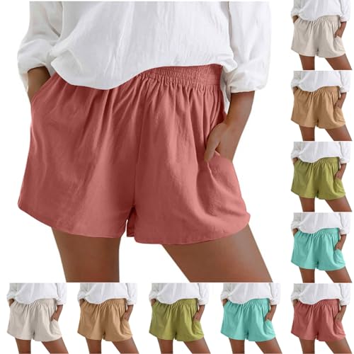 XINYUNZU 5 Euro Artikel Kurze Hose Damen Shorts Sommer Baumwolle Leinen Bermuda Shorts Casual High Waist Shorts Baggy Leichte Kurze Hosen Lässig Leinenhose Kurz Sport Shorts Rosa 4XL von XINYUNZU