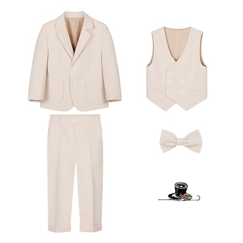 XINYUNZU 5-teiliges Anzug Kinder Jungen Sakkos & Anzughose & Weste + Fliege Krawatte & Brosche Hochzeits Party Anlasskleidung Outfits Bekleidungssets Gentleman Anzüge Blitzangebote Beige 170 von XINYUNZU