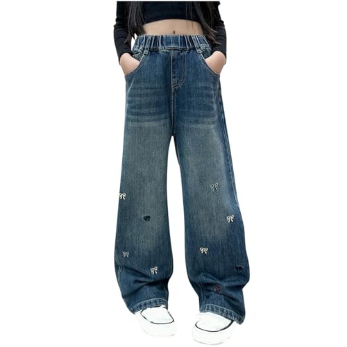 XINYUNZU Baggy Jeans Mädchen Weites Bein High Waist Jeanshose mit Gummizug Breite Hose Wide Leg Pants Girls Outdoor Hosen für Kinder und Teenager Mädchen Blau 160 von XINYUNZU