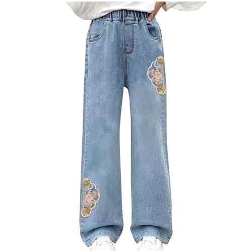 XINYUNZU Baggy Jeans Mädchen Weites Bein Jeanshose mit Gummizug Wide Leg Outdoorhose Breite Hose High Waist Freizeithose Pants Girls Mode Hosen für Kinder Frühling Sommer Blau 12 Jahre von XINYUNZU