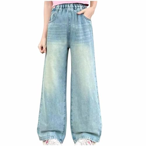 XINYUNZU Baggy Jeans Mädchen Weites Bein Jeanshose mit Gummizug Wide Leg Outdoorhose Breite Hose High Waist Freizeithose Pants Girls Mode Hosen für Kinder Frühling Sommer Blau 12 Jahre von XINYUNZU