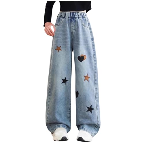 XINYUNZU Baggy Jeans Mädchen Weites Bein Jeanshose mit Gummizug Wide Leg Outdoorhose Breite Hose High Waist Freizeithose Pants Girls Mode Hosen für Kinder Frühling Sommer Blau 12 Jahre von XINYUNZU