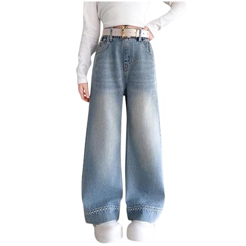XINYUNZU Baggy Jeans Mädchen Weites Bein Jeanshose mit Gummizug Wide Leg Outdoorhose Breite Hose High Waist Freizeithose Pants Girls Mode Hosen für Kinder Frühling Sommer Blau 14 Jahre von XINYUNZU