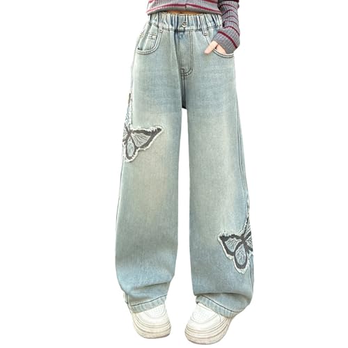 XINYUNZU Baggy Jeans Mädchen Weites Bein Jeanshose mit Gummizug Wide Leg Outdoorhose Breite Hose High Waist Freizeithose Pants Girls Mode Hosen für Kinder Frühling Sommer Blau 7 Jahre von XINYUNZU