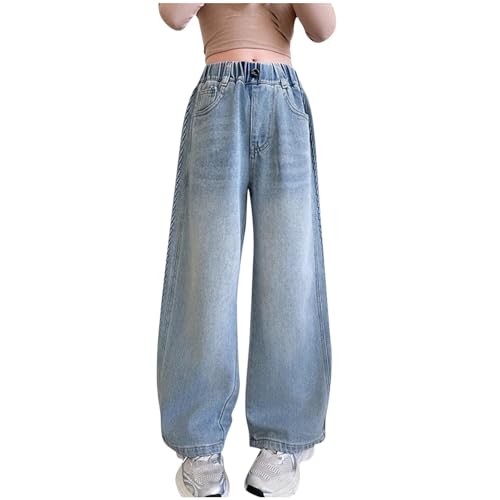 XINYUNZU Baggy Jeans Mädchen Weites Bein Jeanshose mit Gummizug Wide Leg Outdoorhose Breite Hose High Waist Freizeithose Pants Girls Mode Hosen für Kinder Frühling Sommer Blau 9 Jahre von XINYUNZU