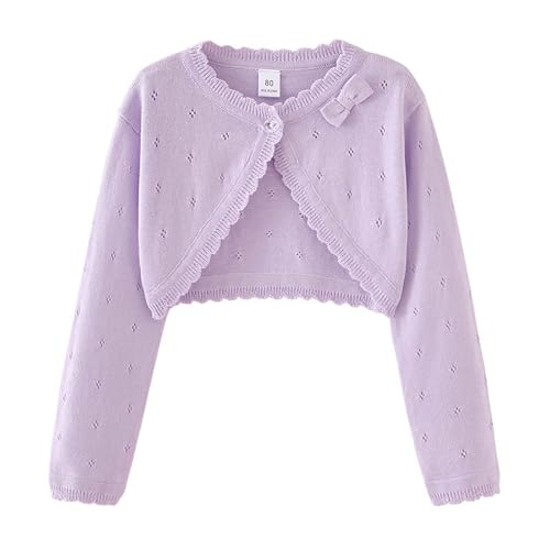 XINYUNZU Bolero Mädchen Baumwolle Cardigan Elegant Süße Strickjacke Langarm Bolerojacke mit Schleifen Jäckchen für Kleid Festlich Cocktailkleid, Strickjacken Kinder Lila 8-9 Jahre von XINYUNZU
