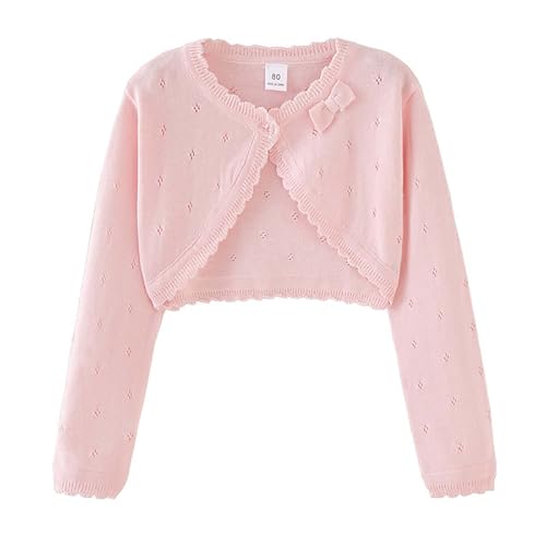 XINYUNZU Bolero Mädchen Baumwolle Cardigan Elegant Süße Strickjacke Langarm Bolerojacke mit Schleifen Jäckchen für Kleid Festlich Cocktailkleid, Strickjacken Kinder Rosa 5-6 Jahre von XINYUNZU