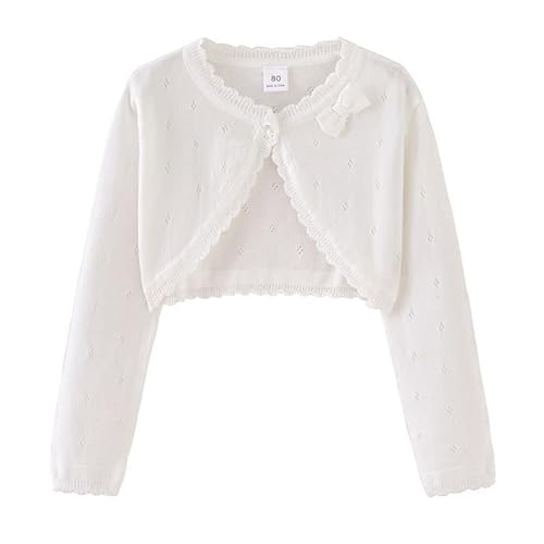 XINYUNZU Bolero Mädchen Baumwolle Cardigan Elegant Süße Strickjacke Langarm Bolerojacke mit Schleifen Jäckchen für Kleid Festlich Cocktailkleid, Strickjacken Kinder Weiß 8-9 Jahre von XINYUNZU