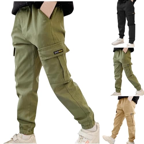 XINYUNZU Cargohose Jungen Baumwolle Mode Outdoorhose Cargo Hose Kinder Sweatpants Lässige Jogginghose mit Taschen Teenager Sporthose Trackpants Hosen Angebote des Tages Heute Armeegrün 9 Jahre von XINYUNZU