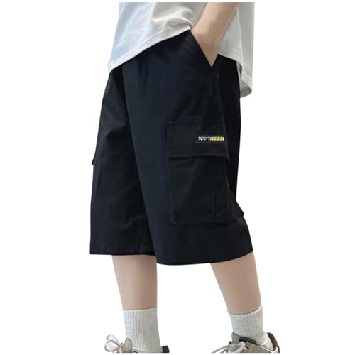 XINYUNZU Cargohose Jungen Kurz Baumwolle Sommer Cargo Shorts Baggy Mode Outdoor Kurze Hose Elastische Taille Freizeithose Leichte Sommerhose Kurz Kinder und Teenager Schwarz 5 Jahre von XINYUNZU