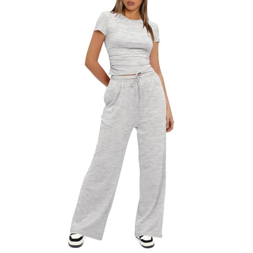 XINYUNZU Damen Hausanzug 2 Teilige Outfits Sommer Y2k Tops + Hose Leicht Lounge Set Zweiteiler Freizeitanzug Frauen Casual Loungewear Tshirt Eng und Sommerhose Blitzangebote des Tages Gray L von XINYUNZU