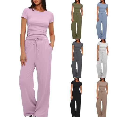 XINYUNZU Damen Hausanzug 2 Teilige Outfits Sommer Y2k Tops + Weite Hose Leicht Einfarbig Lounge Set Zweiteiler Freizeitanzug Frauen Casual Loungewear Oberteile Eng + Sommerhose Warehouse Deal Rosa M von XINYUNZU