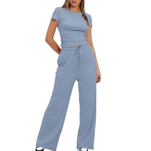 XINYUNZU Damen Hausanzug 2 Teilige Outfits Sommer Y2k Tops + Weite Hose Leicht Lounge Set Zweiteiler Freizeitanzug Frauen Casual Loungewear Oberteile Eng und Sommerhose Spring Deal Hellblau L von XINYUNZU