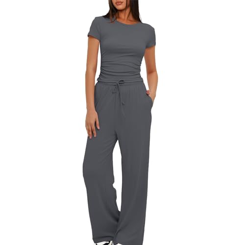 XINYUNZU Damen Hausanzug 2 Teilige Outfits Sommer Y2k Tops + Weite Hose Leicht Lounge Set Zweiteiler Freizeitanzug Frauen Loungewear Oberteile Eng und Sommerhose Angebote des Tages Heute Marine S von XINYUNZU